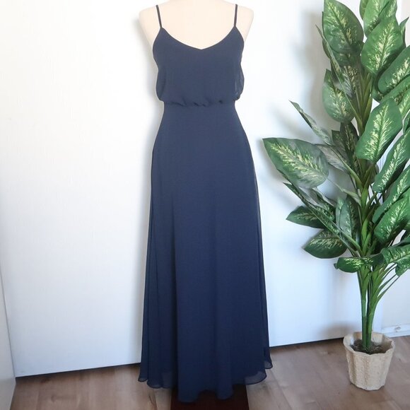 𝅺Birdy Grey Gwennie Navy Chiffon Blouson Spaghetti Strap Maxi Dress Size XS - Picture 8 of 14